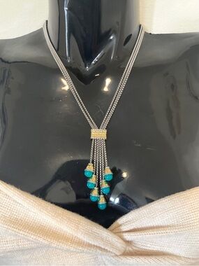 Two Tone Turquoise Bead Drop Tassel Necklace Gold Filled NWOT Boho Festival